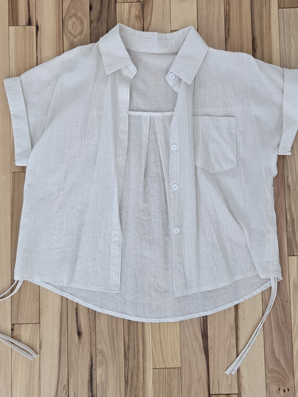 white+tan/beige striped shortsleeves button up with shirred tie up side strings